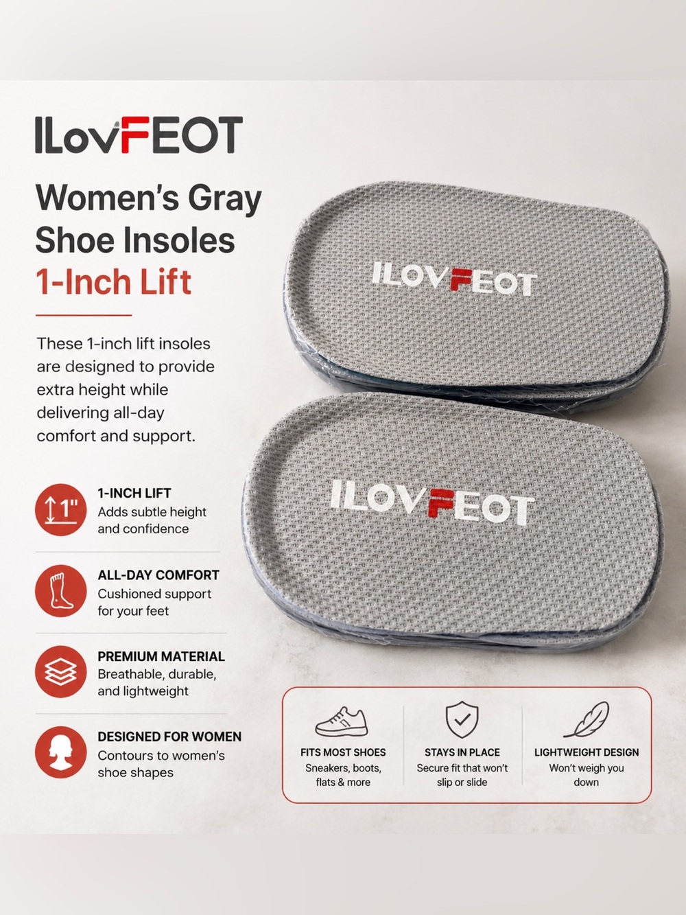 ILovFEOT Women's Gray Shoe Insoles 1-inch lift